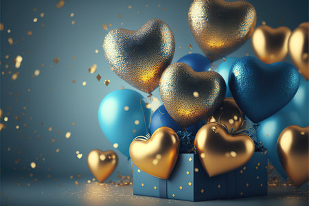 Festive background with blue gold balloons and gifts for New Year or Valentine's Day or any other holiday. Generative AI.の素材