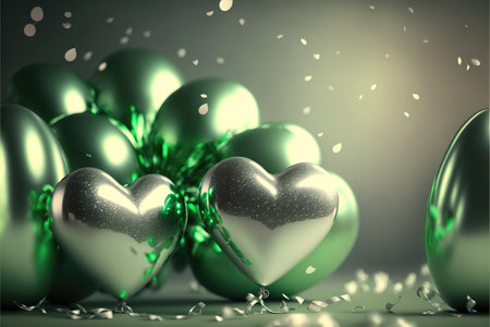 Festive background with metallic green and silver balloons and gifts for New Year or Valentine's Day or any other holiday. Generative AI.の素材