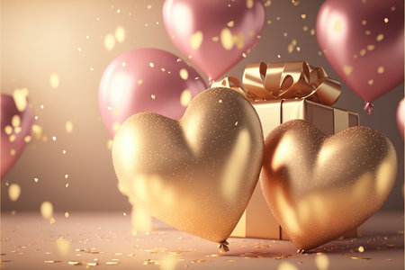 Festive romantic background with balloons hearts and confetti Valentine's Day or Merry Christmas and Happy New Year greetings. Generative AI.の素材