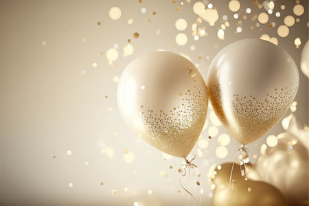 Festive luxury background with golden inflatable balloons, confetti, blurred background with bokeh effect. Generative AIの素材