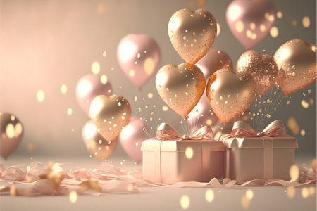 Festive romantic background with balloons hearts and confetti Valentine's Day or Merry Christmas and Happy New Year greetings. Generative AI.の素材
