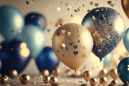 Realistic Festive background with golden and blue balloons falling confetti blurry background and a bokeh lights. Generative AI.の素材