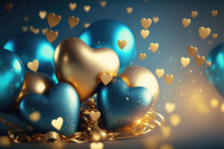 Festive background with blue gold balloons and gifts for New Year or Valentine's Day or any other holiday. Generative AI.の素材