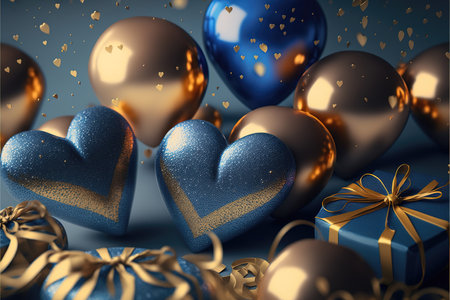 Festive background with blue gold balloons and gifts for New Year or Valentine's Day or any other holiday. Generative AI.の素材