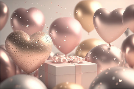 Festive romantic background with balloons hearts and confetti Valentine's Day or Merry Christmas and Happy New Year greetings. Generative AI.の素材