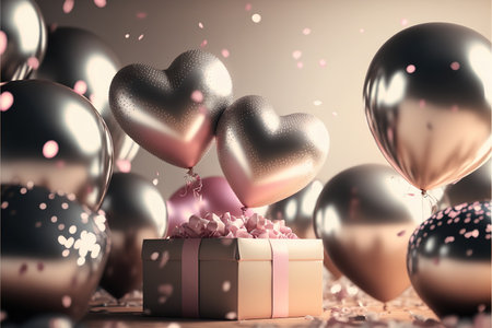 Festive romantic background with balloons hearts and confetti Valentine's Day or Merry Christmas and Happy New Year greetings. Generative AI.の素材