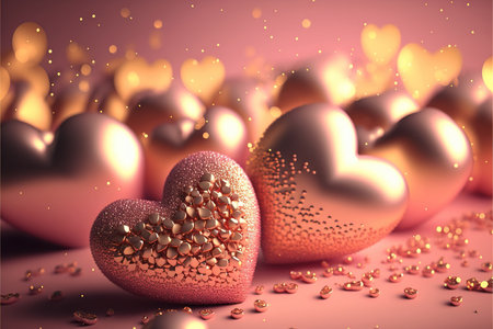 Bright festive background with inflatable hearts, sequins and bokeh Light Effect. Card background for Valentine's Day, Happy Birthday and so on. Generative AIの素材