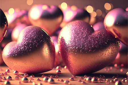 Bright festive background with inflatable hearts, sequins and bokeh Light Effect. Card background for Valentine's Day, Happy Birthday and so on. Generative AIの素材