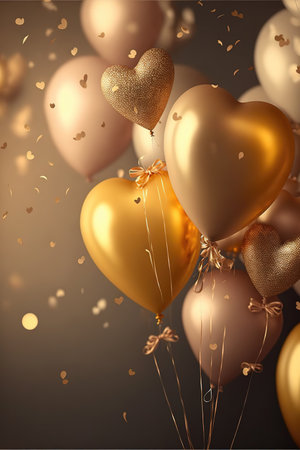 Romantic background with golden balloons in the form of hearts, confetti. Greeting card for Saint Valentine or anniversary. Generative AIの素材