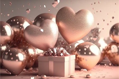 Festive romantic background with balloons hearts and confetti Valentine's Day or Merry Christmas and Happy New Year greetings. Generative AI.の素材