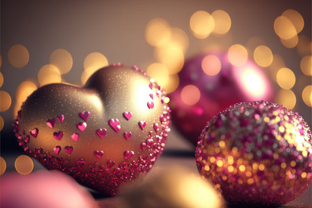 Bright festive background with inflatable hearts, sequins and bokeh Light Effect. Card background for Valentine's Day, Happy Birthday and so on. Generative AIの素材