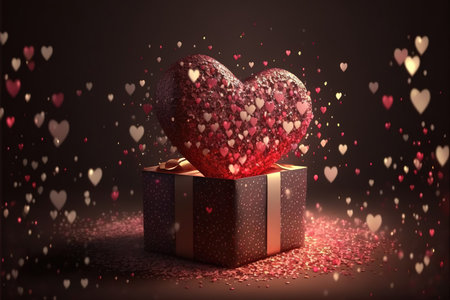 Realistic congratulatory blurred background with gift box and hearts and light effects Generative Ai.の素材