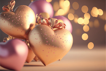 Festive romantic background with balloons hearts and confetti Valentine's Day or Merry Christmas and Happy New Year greetings. Generative AI.の素材