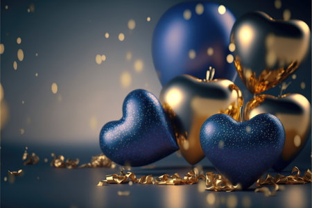 Festive background with blue gold balloons and gifts for New Year or Valentine's Day or any other holiday. Generative AI.の素材