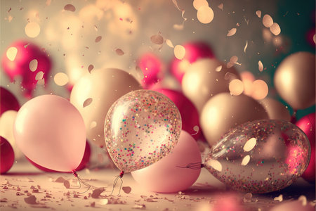 Holiday greeting background with pink and gold balloons blurred background and confetti. Generative AI.の素材