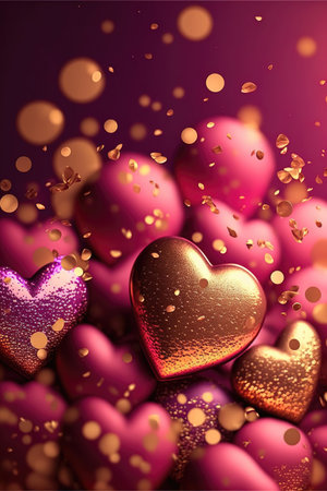 Bright festive background with inflatable hearts, sequins and bokeh Light Effect. Card background for Valentine's Day, Happy Birthday and so on. Generative AIの素材