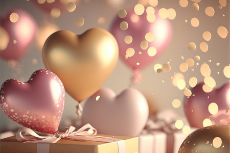 Festive romantic background with balloons hearts and confetti Valentine's Day or Merry Christmas and Happy New Year greetings. Generative AI.の素材