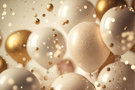Festive luxury background with golden inflatable balloons, confetti, blurred background with bokeh effect. Generative AIの素材