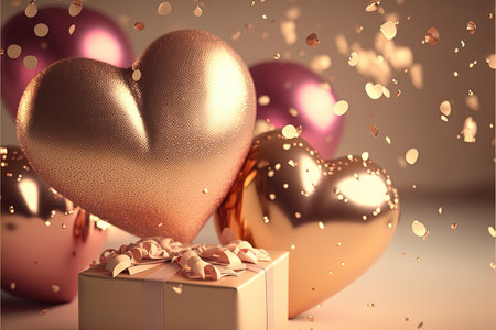 Festive romantic background with balloons hearts and confetti Valentine's Day or Merry Christmas and Happy New Year greetings. Generative AI.の素材