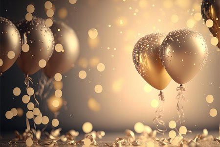 Festive luxury background with golden inflatable balloons, confetti, blurred background with bokeh effect. Generative AIの素材