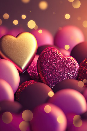 Bright festive background with inflatable hearts, sequins and bokeh Light Effect. Card background for Valentine's Day, Happy Birthday and so on. Generative AIの素材