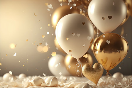 Romantic background with golden balloons in the form of hearts, confetti. Greeting card for Saint Valentine or anniversary. Generative AIの素材