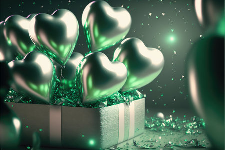 Festive background with metallic green and silver balloons and gifts for New Year or Valentine's Day or any other holiday. Generative AI.の素材