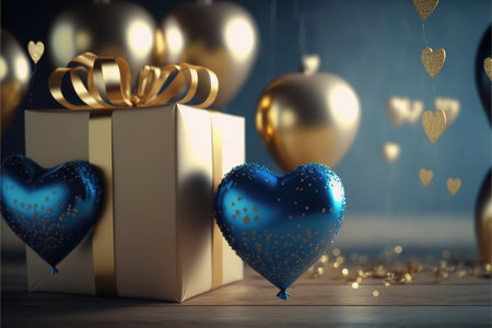Festive background with blue gold balloons and gifts for New Year or Valentine's Day or any other holiday. Generative AI.の素材