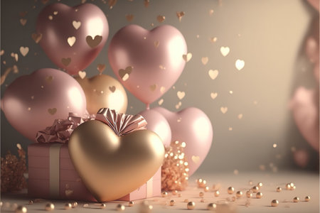 Festive romantic background with balloons hearts and confetti Valentine's Day or Merry Christmas and Happy New Year greetings. Generative AI.の素材