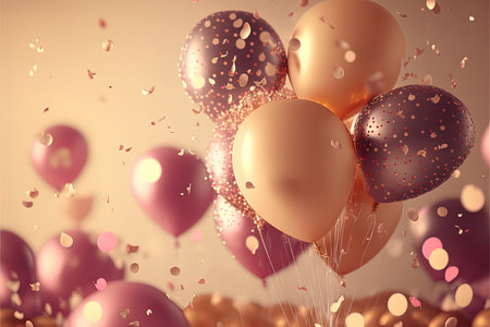 Holiday greeting background with pink and gold balloons blurred background and confetti. Generative AI.の素材