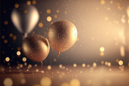 Festive luxury background with golden inflatable balloons, confetti, blurred background with bokeh effect. Generative AIの素材