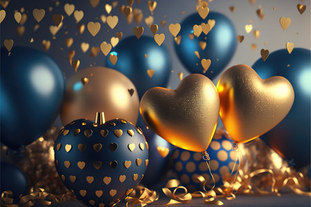 Festive background with blue gold balloons and gifts for New Year or Valentine's Day or any other holiday. Generative AI.の素材