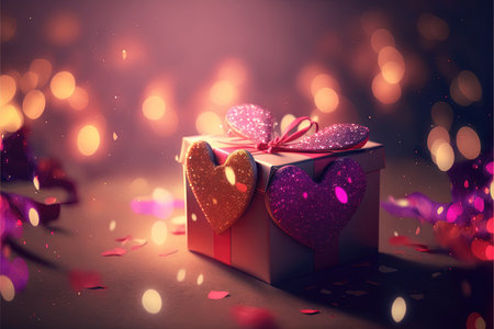 Realistic congratulatory blurred background with gift box and hearts and light effects Generative Ai.の素材
