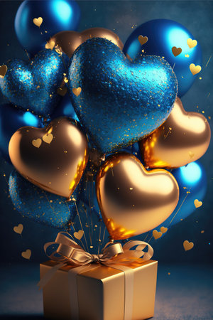 Festive background with blue gold balloons and gifts for New Year or Valentine's Day or any other holiday. Generative AI.の素材