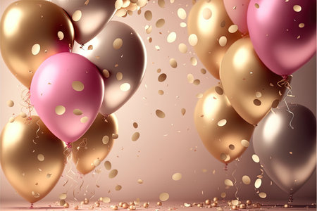 Holiday greeting background with pink and gold balloons blurred background and confetti. Generative AI.の素材