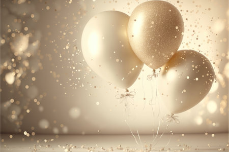 Festive luxury background with golden inflatable balloons, confetti, blurred background with bokeh effect. Generative AIの素材