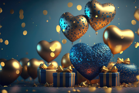 Festive background with blue gold balloons and gifts for New Year or Valentine's Day or any other holiday. Generative AI.の素材