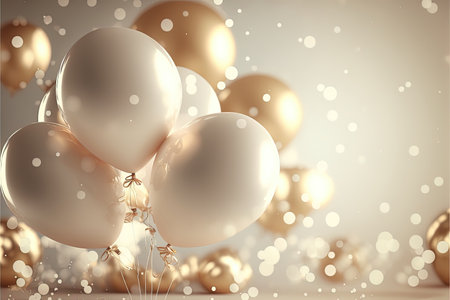 Festive luxury background with golden inflatable balloons, confetti, blurred background with bokeh effect. Generative AIの素材