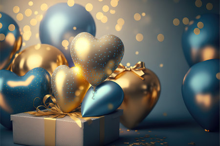 Festive background with blue gold balloons and gifts for New Year or Valentine's Day or any other holiday. Generative AI.の素材