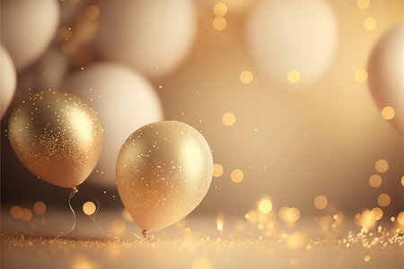 Festive luxury background with golden inflatable balloons, confetti, blurred background with bokeh effect. Generative AIの素材