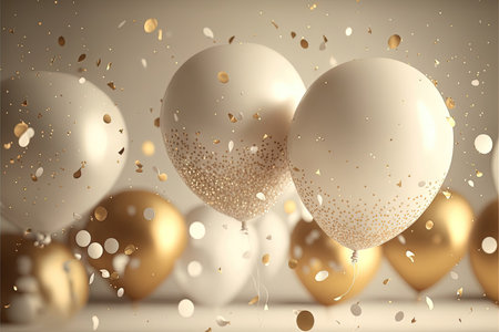 Festive luxury background with golden inflatable balloons, confetti, blurred background with bokeh effect. Generative AIの素材