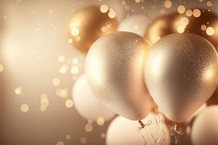 Festive luxury background with golden inflatable balloons, confetti, blurred background with bokeh effect. Generative AIの素材