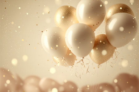 Festive luxury background with golden inflatable balloons, confetti, blurred background with bokeh effect. Generative AIの素材