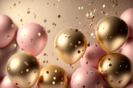 Holiday greeting background with pink and gold balloons blurred background and confetti. Generative AI.の素材