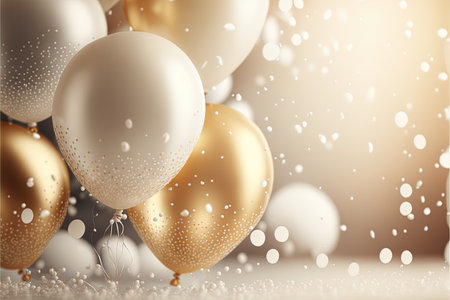 Festive luxury background with golden inflatable balloons, confetti, blurred background with bokeh effect. Generative AIの素材