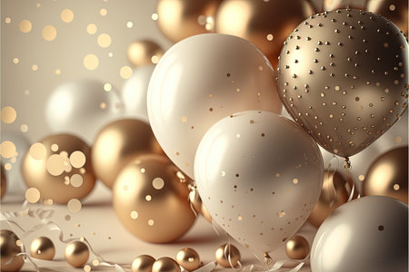 Festive luxury background with golden inflatable balloons, confetti, blurred background with bokeh effect. Generative AIの素材