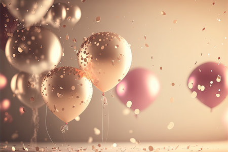 Holiday greeting background with pink and gold balloons blurred background and confetti. Generative AI.の素材