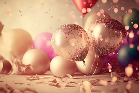 Holiday greeting background with pink and gold balloons blurred background and confetti. Generative AI.の素材