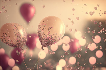 Holiday greeting background with pink and gold balloons blurred background and confetti. Generative AI.の素材