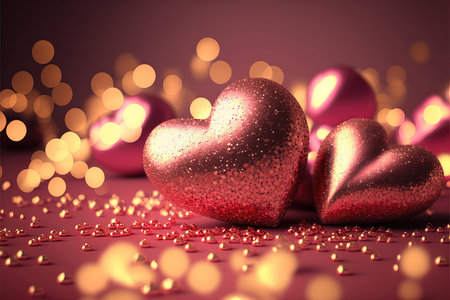 Bright festive background with inflatable hearts, sequins and bokeh Light Effect. Card background for Valentine's Day, Happy Birthday and so on. Generative AIの素材